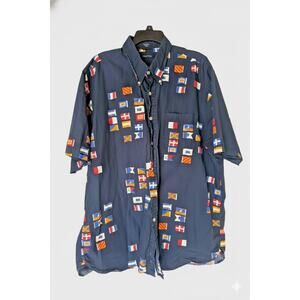 NAUTICA Men's Vintage Navy Blue All-Over Flag Print S/S Shirt Sz 2XL